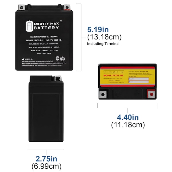 YTX7L-BS 12V 6Ah Battery Replaces Parts Unlimited RTX7L-BS - 4PK